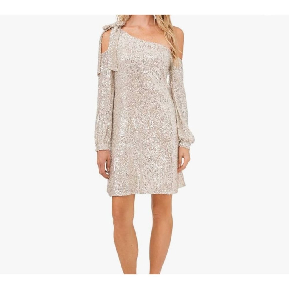 CeCe One Bow Shoulder Long Sleeve Silver Sequin Shift Party Prom Dress Sz S